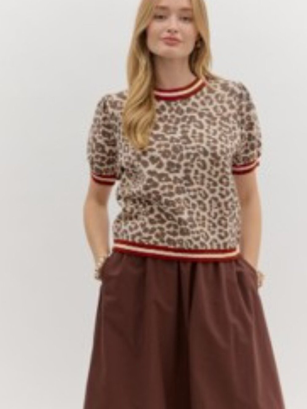 Entro Leopard Top with short sleeves and red trim- small